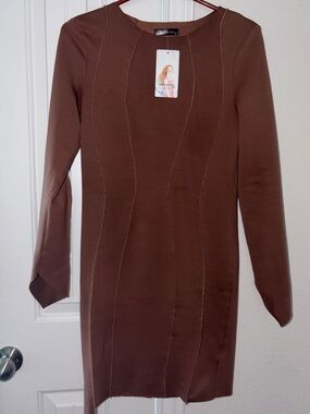 Long-Sleeve Brown Seam-Detail Bodycon Dress